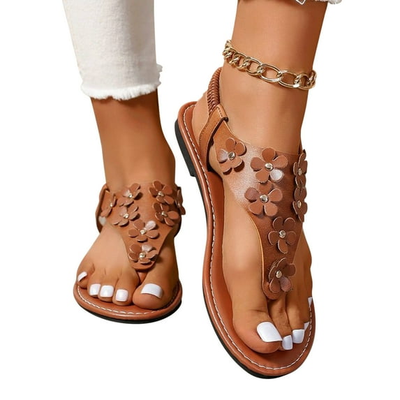 Jacenvly 2024 New Glamorous Outdoors T-Strap Flat Sandals Women Flower Decor Toe Post Thong Sandals Brown Sandals for Women