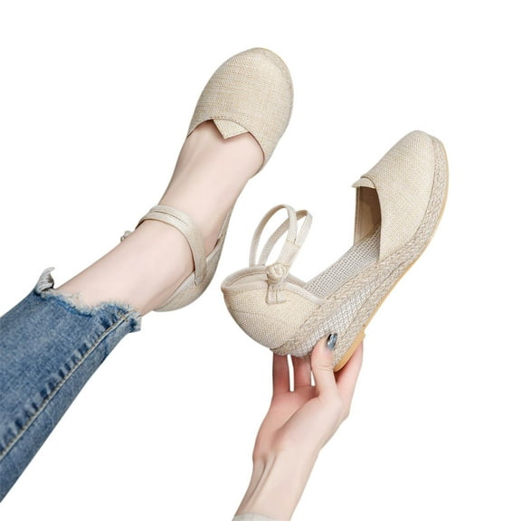 Jacenvly 2024 New Knitted Round Toe Wedge Buckle Sandals Women's High Heel Summer Casual Baotou Back Empty Sandals Beige Sandals for Women
