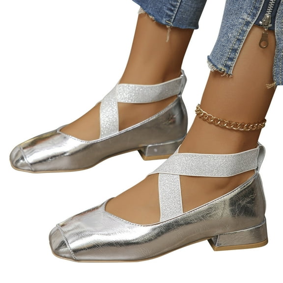 Jacenvly 2024 New Lacquered Mary Shoes Shallow Cut Rectangular Toe One Foot Style Single Shoe Silver Sandals for Women
