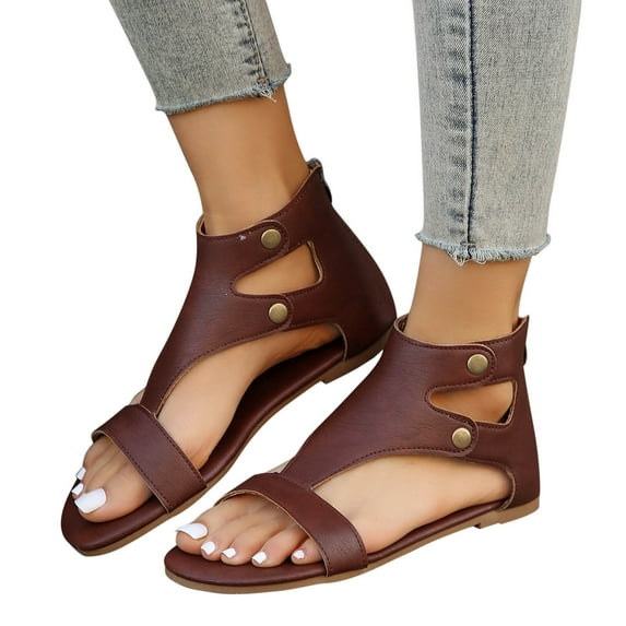 Jacenvly 2024 New Large Size Flat Zipper Fish Mouth Sandals One-Strap Roman Sandals Brown Sandals for Women