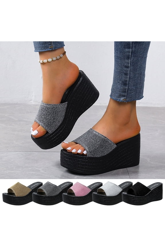 2024 New Matsu Heel Thick Sole Slope Heel Women's Shoes Breathable Slip-On Beach Sandals Beige Sandals for Women