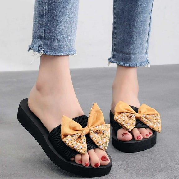 Jacenvly 2024 New New Summer Flip-Flops Linen Floral Bow Flat Sandals Yellow Sandals for Women