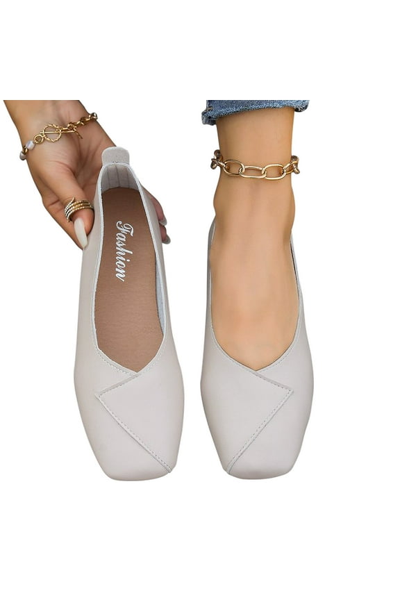 2024 New Rectangular Toe Shallow Mouthed Flat Shoes Leggings Beans Shoes Single Leather Shoes Work Shoes Beige Sandals for Women