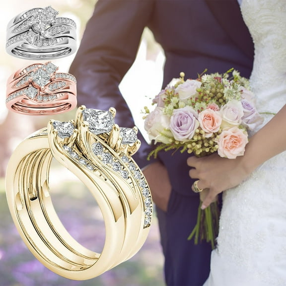 Jacenvly 2024 New Rings For Women 3-In-1 Fashion Lady Zirconia Set Accessories Engagement Gifts For Her Gold