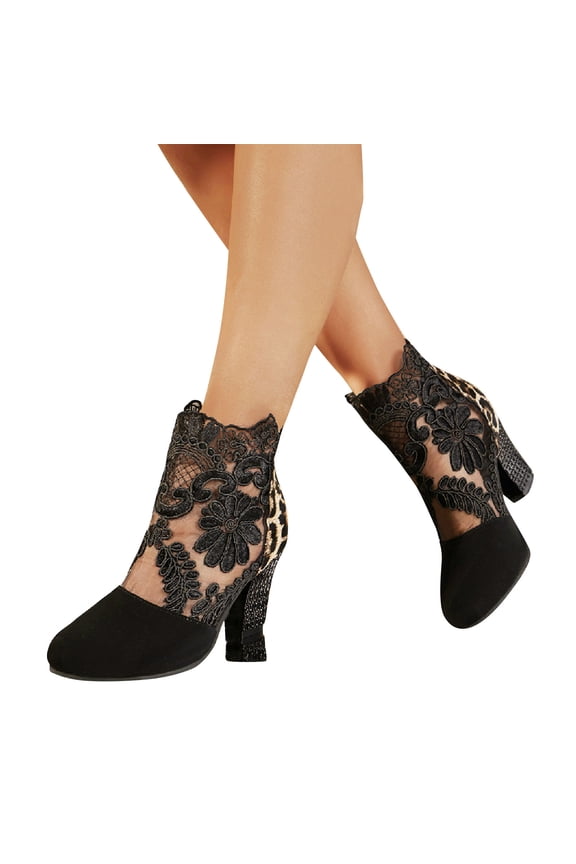 2024 New Spring Leopard Pattern New Lace Mesh Summer High Heels Back Zipper Large Cool Boots Black Sandals for Women