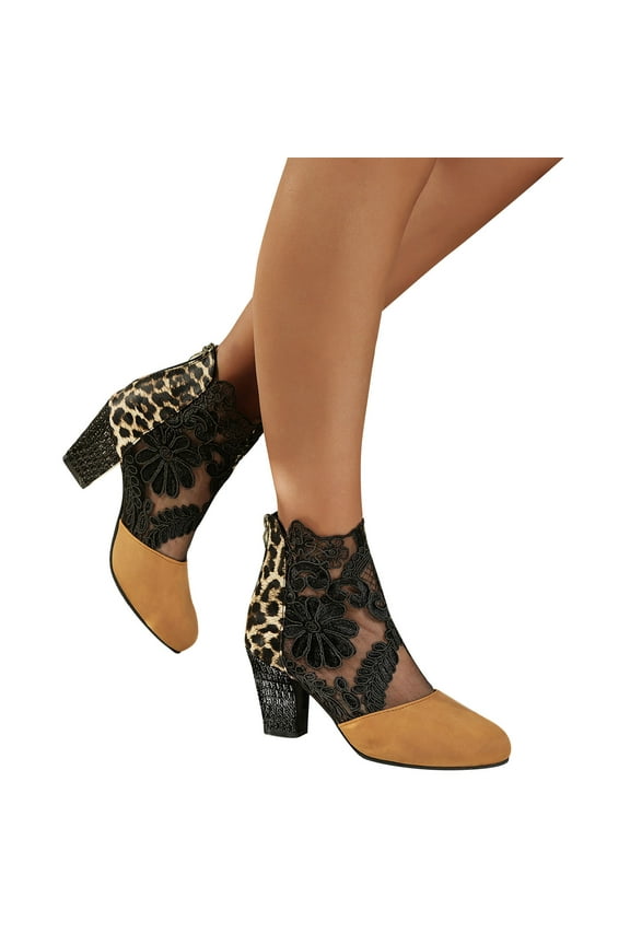 2024 New Spring Leopard Pattern New Lace Mesh Summer High Heels Back Zipper Large Cool Boots Yellow Sandals for Women