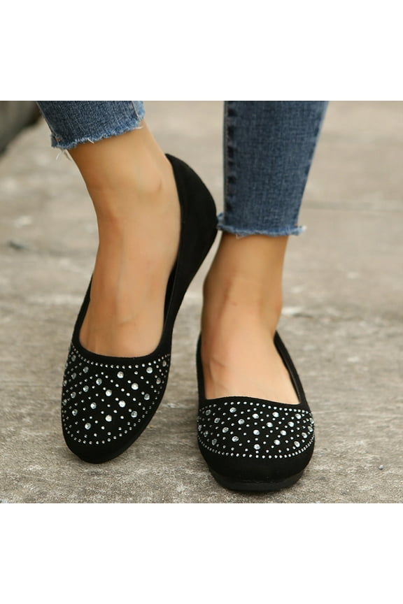 2024 New Spring and Flat Bottom Shallow Mouth Women's Shoes Round Toe Rhinestone Casual Shoes Black Sandals for Women