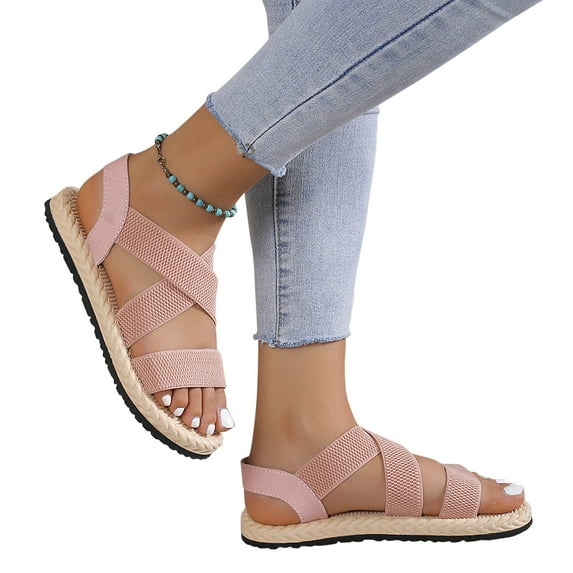 Jacenvly 2024 New Strap Grass Woven Hemp Rope Flat Bottomed Roman Shoes Beach Soft Sole Sandals Pink Sandals for Women