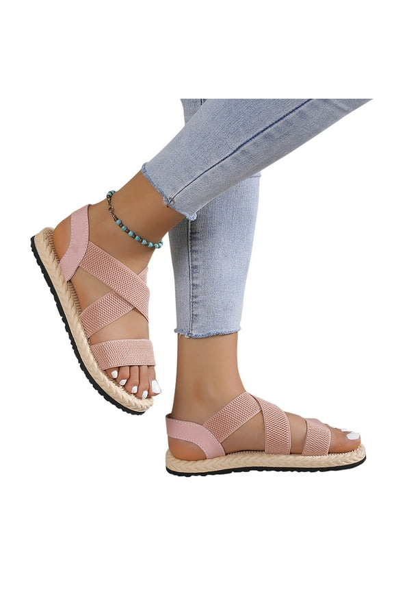 2024 New Strap Grass Woven Hemp Rope Flat Bottomed Roman Shoes Beach Soft Sole Sandals Pink Sandals for Women