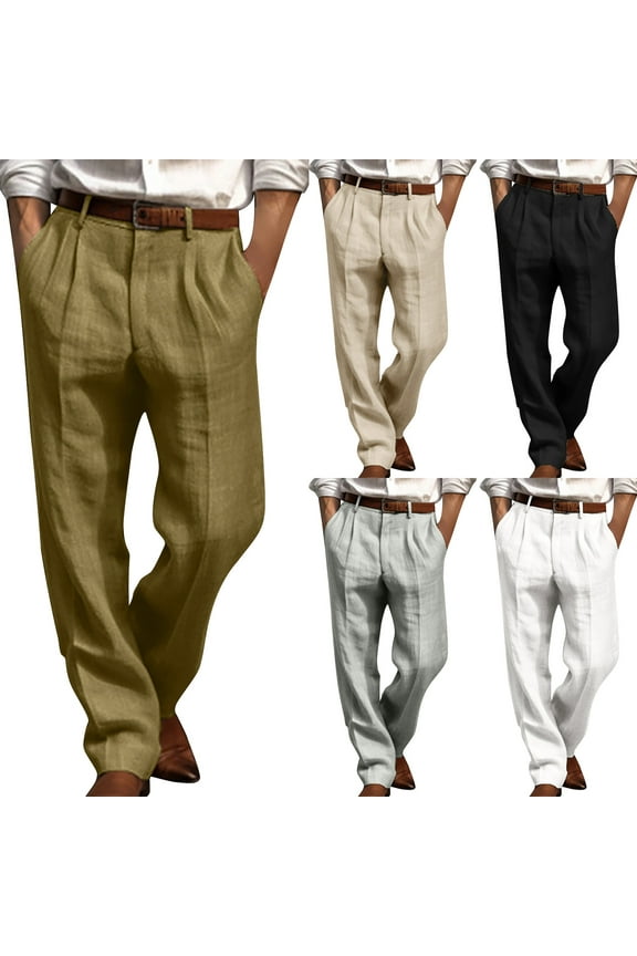 2024 New Summer Casual Pants for Men Men's Casual Loose Straight Leg Solid Pants with Double Pleated Front Pocket Breathable Mens Slacks Army Green