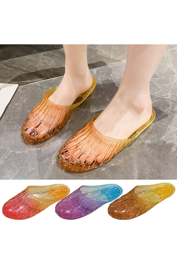 2024 New Summer Hollow Out Flat Sandals Women's Casual Shoes Crystal Plastic Jelly Shoes Brown Sandals for Women