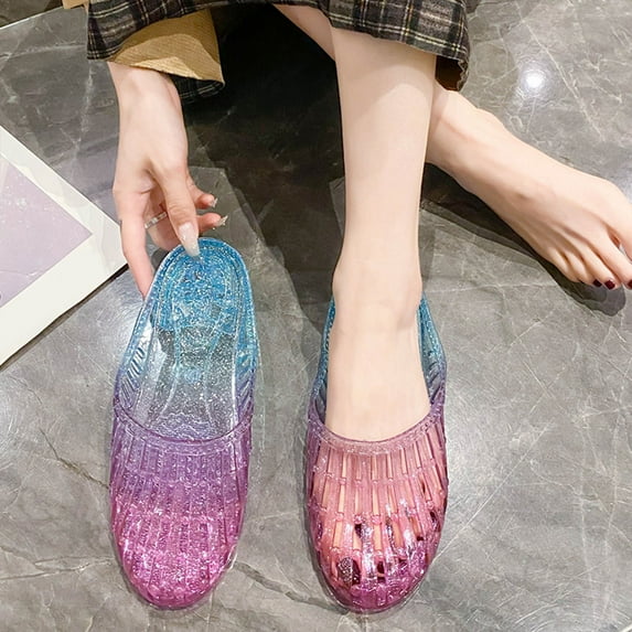 Jacenvly 2024 New Summer Hollow Out Flat Sandals Women's Casual Shoes Crystal Plastic Jelly Shoes Purple Sandals for Women