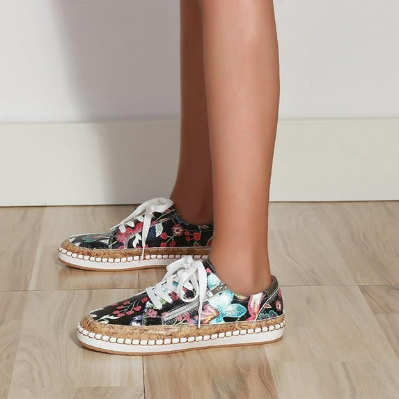 Jacenvly 2024 New Summer Ladies Shoes Lace-Up Zipper Design Colorful Printed Casual Sneakers Black Sandals for Women
