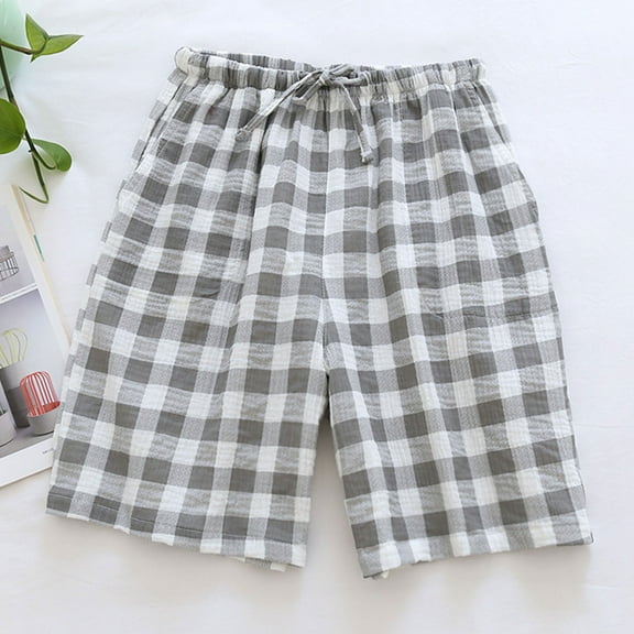 Jacenvly 2024 New Summer Mens Shorts Men Casual Plaid Solid Elastic Waist Cotton-Crepe Home Pants Shorts Breathable Short Trousers Gray