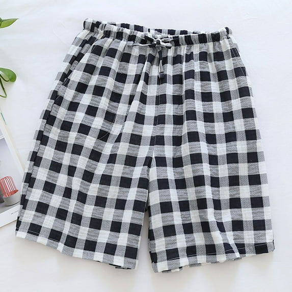 Jacenvly 2024 New Summer Mens Shorts Men Casual Plaid Solid Elastic Waist Cotton-Crepe Home Pants Shorts Skin-Friendly Leisure Beach Pants Gray