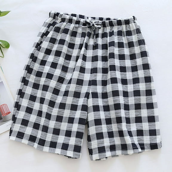 Jacenvly 2024 New Summer Mens Shorts Men Casual Plaid Solid Elastic Waist Cotton-Crepe Home Pants Shorts Skin-Friendly Leisure Beach Pants Gray