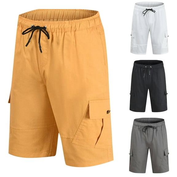 Jacenvly 2024 New Summer Mens Shorts Men Casual Solid Lace Up and Elastic Waist Closure Knee Length Pocket Cargo Shorts Quick Drying Leisure Swim Trunks Black