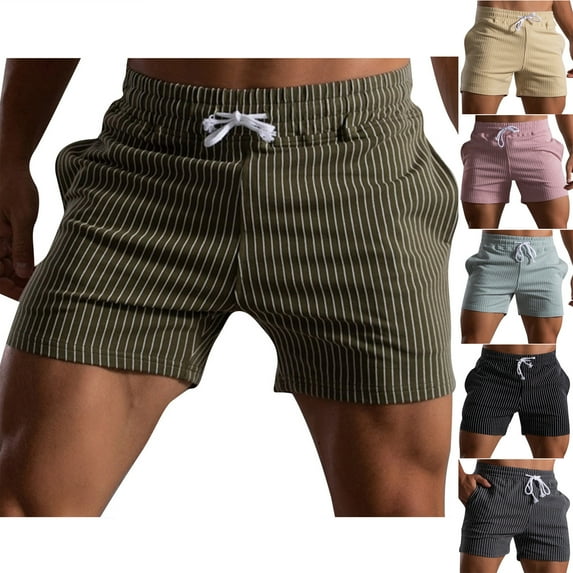 Jacenvly 2024 New Summer Mens Shorts Men's Stripe Printed Casual Drawstring Pockets Elastic Sports Shorts Breathable Loose Swim Trunks Army Green