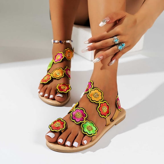 Jacenvly 2024 New Summer Plus-Size Ethnic Style Flower Clip-Toe Beach Flat Sandals Green Sandals for Women