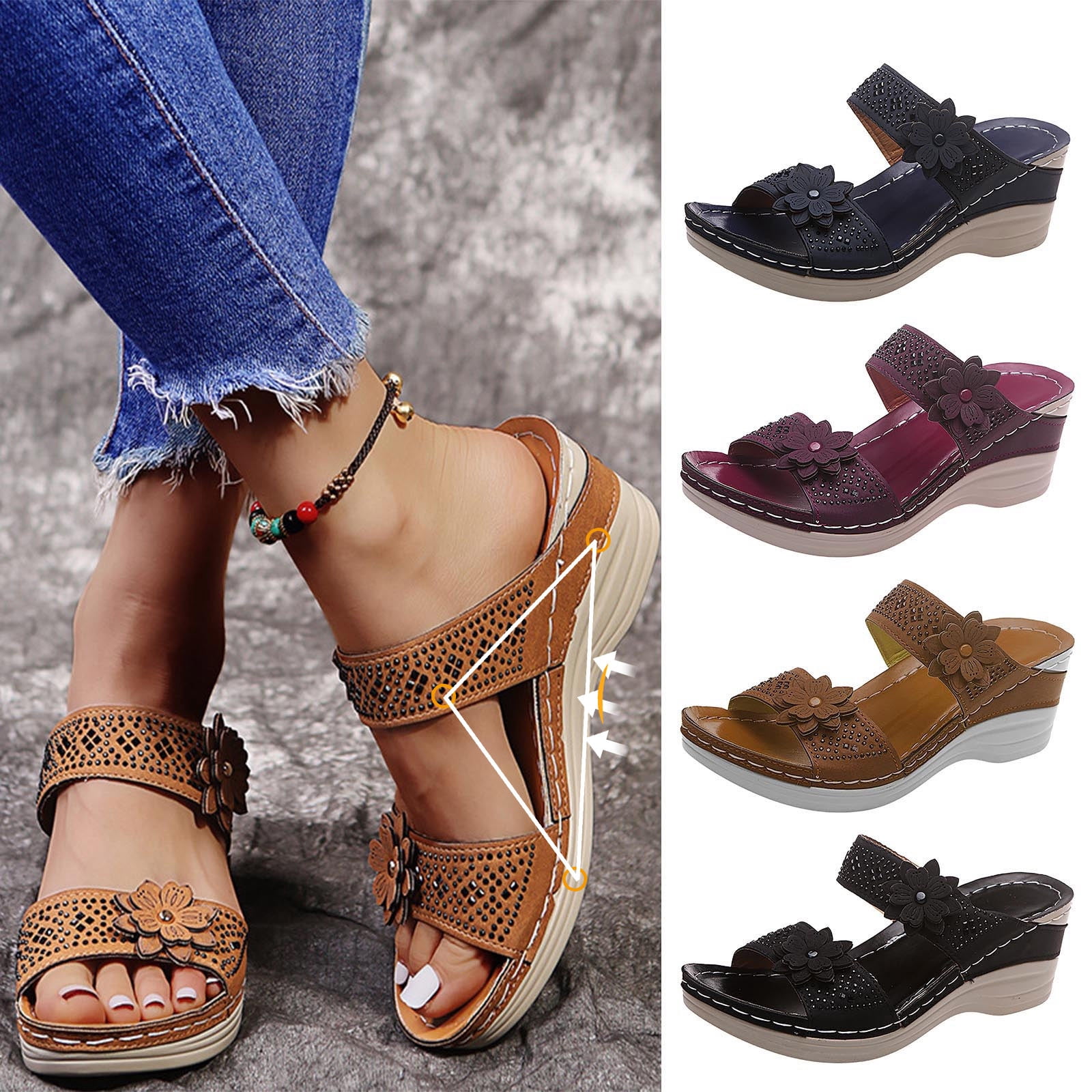 Oiangi Women's Wedge Sandals – Flower Print, Casual Summer Slippers With Arch Support - View #12