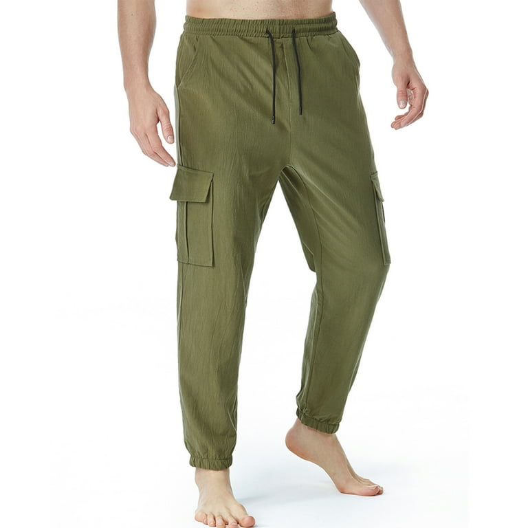 Jacenvly 2024 New Summer Trousers for Men Men Fashion Solid Casual Elastic Waist Multi Pocket Trousers Sport Pants Quick Drying Leisure Work Pants