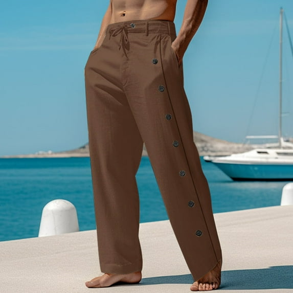 Jacenvly 2024 New Summer Trousers for Men Men's Cotton and Linen Elastic Waist Blended Breathable Comfortable Soft Beach Casual Trousers Full Length Pants Solid Breathable Leisure Work Pants Brown