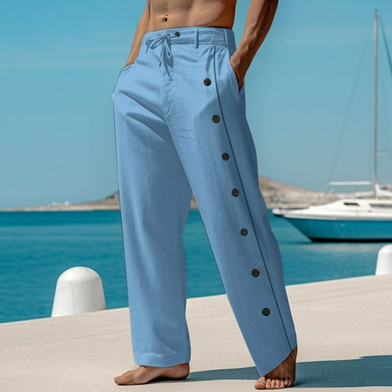 Jacenvly 2024 New Summer Trousers for Men Men's Cotton and Linen Elastic Waist Blended Breathable Comfortable Soft Beach Casual Trousers Full Length Pants Solid Leisure Work Pants Sky Blue