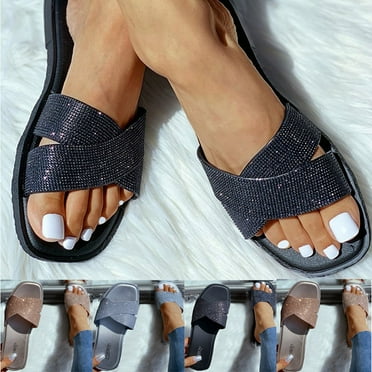 Jacenvly 2024 New Summer Women's Plus Size Slippers Sequins Rhinestone Flat Open Toe Sandals Black Sandals for Women