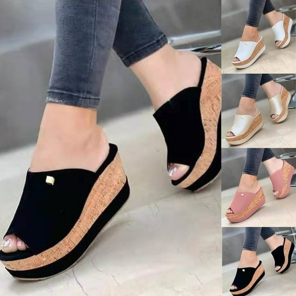 Jacenvly 2024 New Summer Womens Fashion Slope Heel Flip Flop Solid Shoes Sandals Beige Sandals for Women