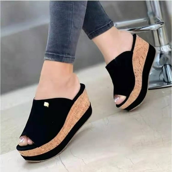 Jacenvly 2024 New Summer Womens Fashion Slope Heel Flip Flop Solid Shoes Sandals Black Sandals for Women