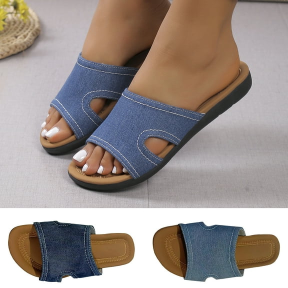 Jacenvly 2024 New Thick Soled Herringbone Denim Slippers Casual Outerwear Roman Sandals Dark Blue Sandals for Women