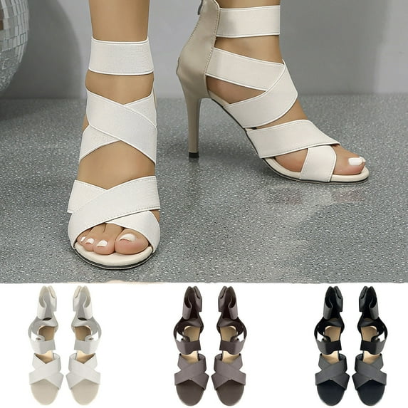 Jacenvly 2024 New Wholesale Owomen'S Large Sized European American Style High Heels Sandals Thin High Heels Elastic Straps Back Zipper Beige Sandals for Women Clearance