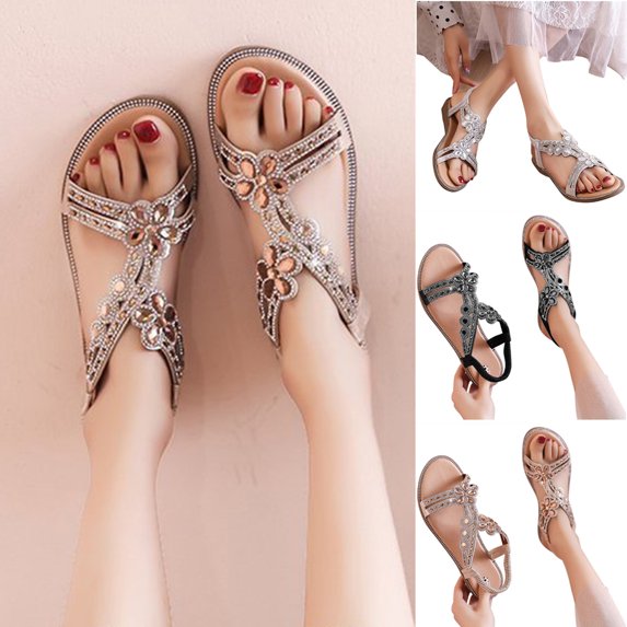 Jacenvly 2024 New Women Bohemian Flat Sandals Beach with Diamonds, Low Heel Strap Diamonds Sandals Black Sandals for Women Clearance