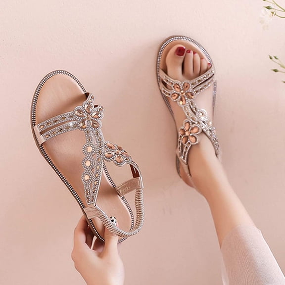 Jacenvly 2024 New Women Bohemian Flat Sandals Beach with Diamonds, Low Heel Strap Diamonds Sandals Gold Sandals for Women