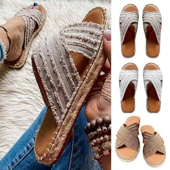 Jacenvly 2024 New Women Flats Shoes Denim Open Toe Slippers Breathable Comfortable Shoes Roman Sandals Brown Sandals for Women
