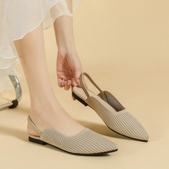 Jacenvly 2024 New Women Knitting Fabric Flats Slingbacks Comfort Walking Work Shoes Beige Sandals for Women