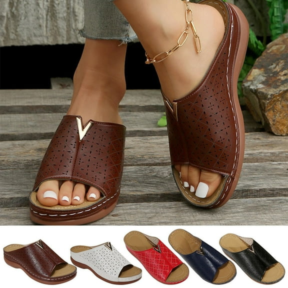 Jacenvly 2024 New Women's Cut-Out Slope Heel Mules Fish Mouth Slippers Thick Sole Sandals Black Sandals for Women