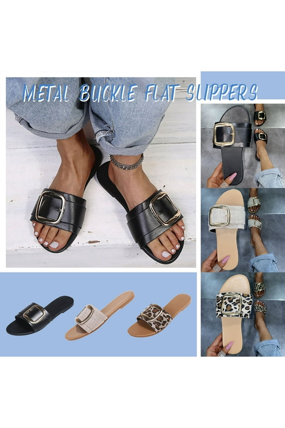 2024 New Women's Fashion Leopard Print Flat Sandals and Slippers with Metal Buckle Beige Sandals for Women