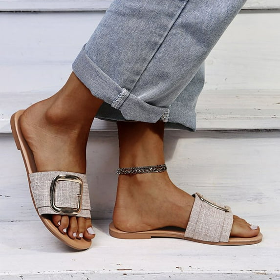 Jacenvly 2024 New Women's Fashion Leopard Print Flat Sandals and Slippers with Metal Buckle Beige Sandals for Women