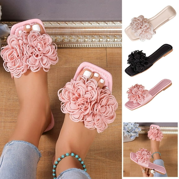 Jacenvly 2024 New Women's Flower Slide Sandals Fashion Rectangular Open Toe Solid Color Flat Slides Daily Summer Beach Slides Beige Sandals for Women