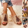 thumbnail image 1 of Jacenvly 2024 New Women's Ladies Fashion Casual Flat Fringe Shoes Slippers Peep Toe Sandals Beige Sandals for Women, 1 of 5