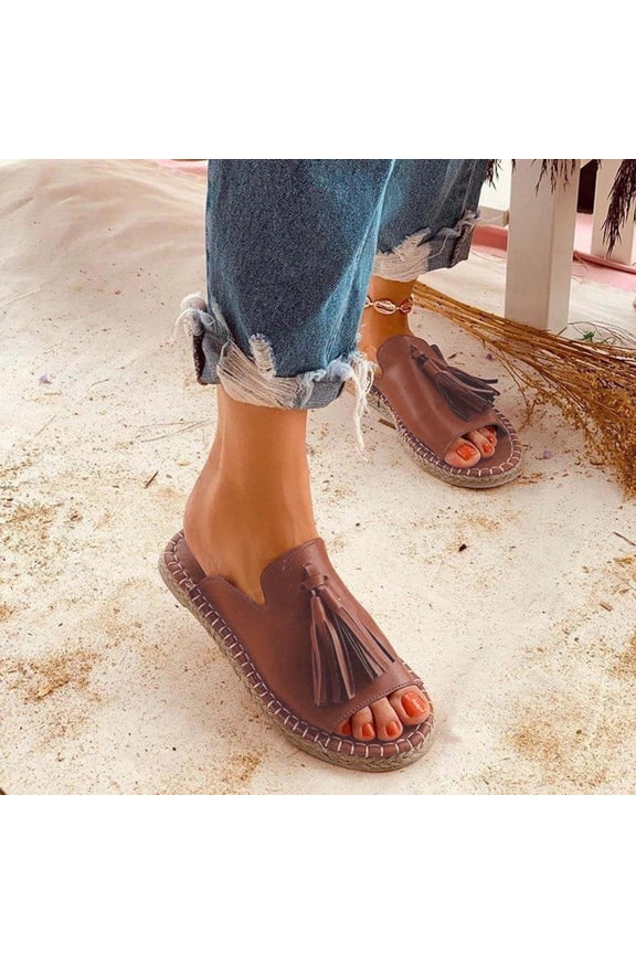 2024 New Women's Ladies Fashion Casual Flat Fringe Shoes Slippers Peep Toe Sandals Brown Sandals for Women