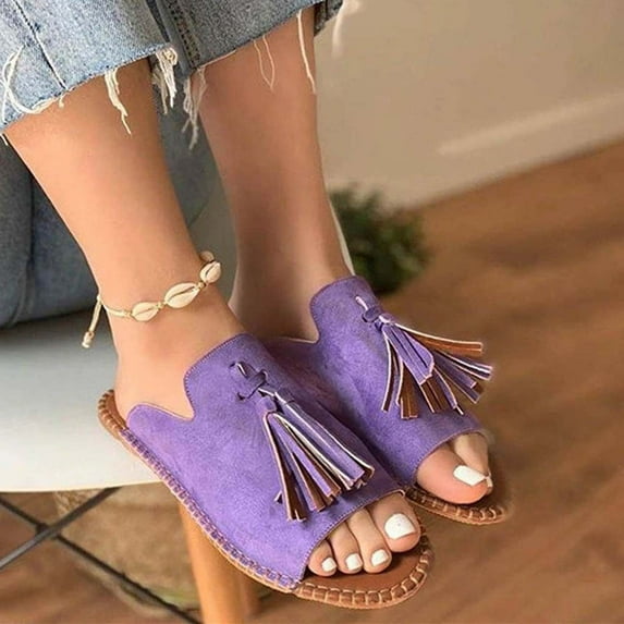 Jacenvly 2024 New Women's Ladies Fashion Casual Flat Fringe Shoes Slippers Peep Toe Sandals Purple Sandals for Women