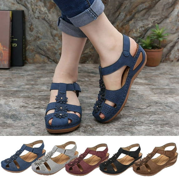 Jacenvly 2024 New Women's Ladies Girl Comfortable Hollow Flowers Round Toe Sandals Soft Sole Shoes Black Sandals for Women