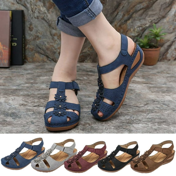 Jacenvly 2024 New Women's Ladies Girl Comfortable Hollow Flowers Round Toe Sandals Soft Sole Shoes Black Sandals for Women