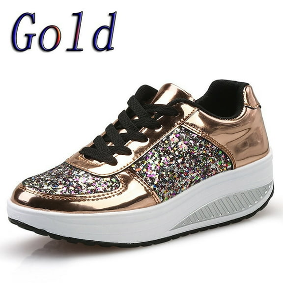 Jacenvly 2024 New Women's Ladies Wedges Sneakers Sequins Shoes Fashion Girls Sport Shoes Gold Sandals for Women