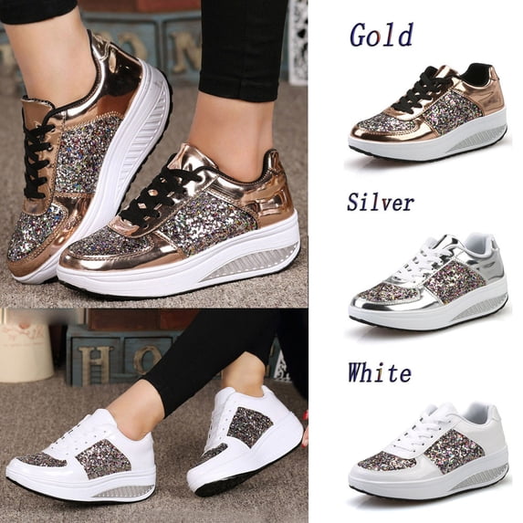 Jacenvly 2024 New Women's Ladies Wedges Sneakers Sequins Shoes Fashion Girls Sport Shoes White Sandals for Women