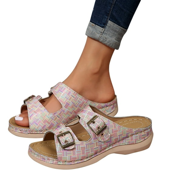 Jacenvly 2024 New Women's Large Slippers 2024 New Hollow Metal Button Slope Heel Wearing Multi Color Casual Slippers Beige Sandals for Women