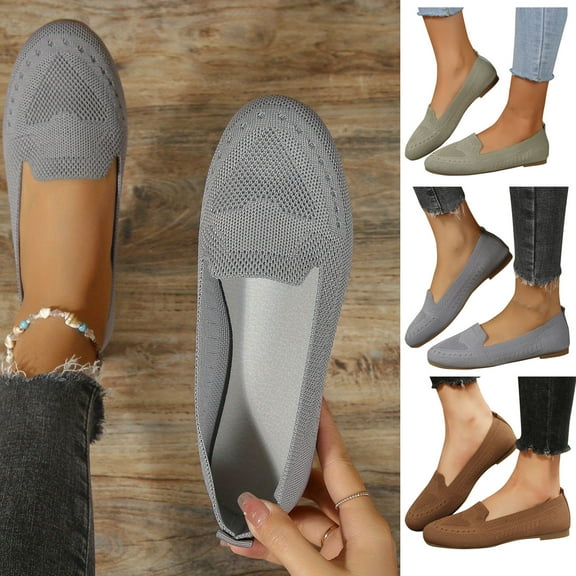 Jacenvly 2024 New Women's Mesh Knit Shoes Round Toe Slip on Walking Flats Shoes Woman Low Wedge Comfort Soft Coffee Sandals for Women