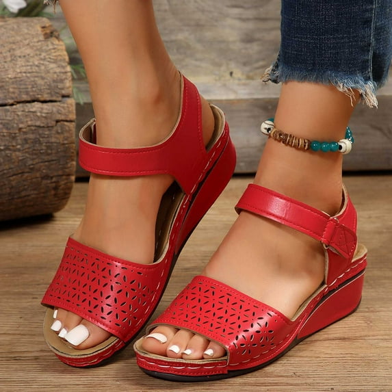 Jacenvly 2024 New Women's New Large Size Hollow One Line Buckle Wedge Sandals Red Sandals for Women